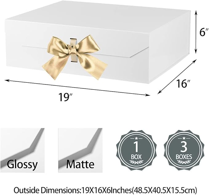 Extra Large White Gift Box 19x16x6 Inches With Ribbon and Magnetic Lid, Groomsman Proposal Box, Rectangle Collapsible for Wedding Gown (Matte White)
