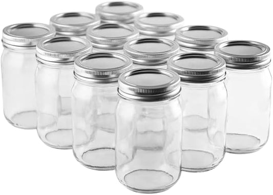 FastRack 16 oz Regular Mason Jars (Pack of 12) with 12 Lids & 1 Black Mason Jar Gripper | Glass Jars with Airtight Lids | Large Mouth Glass Jar for Food Storage, Canning, Fermentation, Pickling