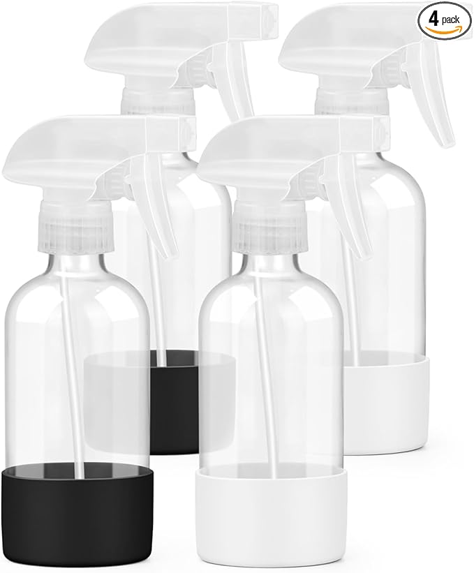 4 Pack Glass Spray Bottles 8 oz, Empty Refillable Containers with Silicone Sleeve Protection, Glass Spray Bottles for Cleaning Solutions, Hair and Plants with Adjustable Nozzles Black&White