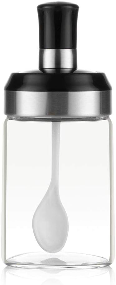 BOILING POINT Sauce Jar Sugar Container Glass Jar Combination Spoon with Lid Canisters Storing Seasoning Spices Salt Sugar for Kitchen Counter Food Storage with Decorative Sticker 9.7oz / 280ml
