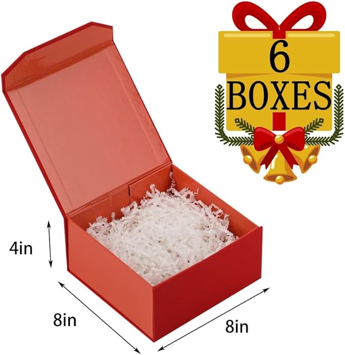 6 Pcs Small Red Gift Box 8x8x4 Inch Magnetic Gift Box Small Magnetic Box with Crinkle Paper Red Small Gift Box with Shredded Paper Luxury Gift Boxes with Lids for Presents