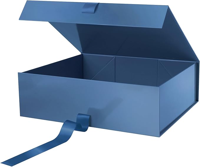 GREEN BEAN 3 Extra Large Gift Boxes with Lid 16.3 x 14.2 x 5 Inches Blue Magnetic Gift Box with Ribbon for Clothes and Large Presents Christmas Halloween(Glossy Blue)