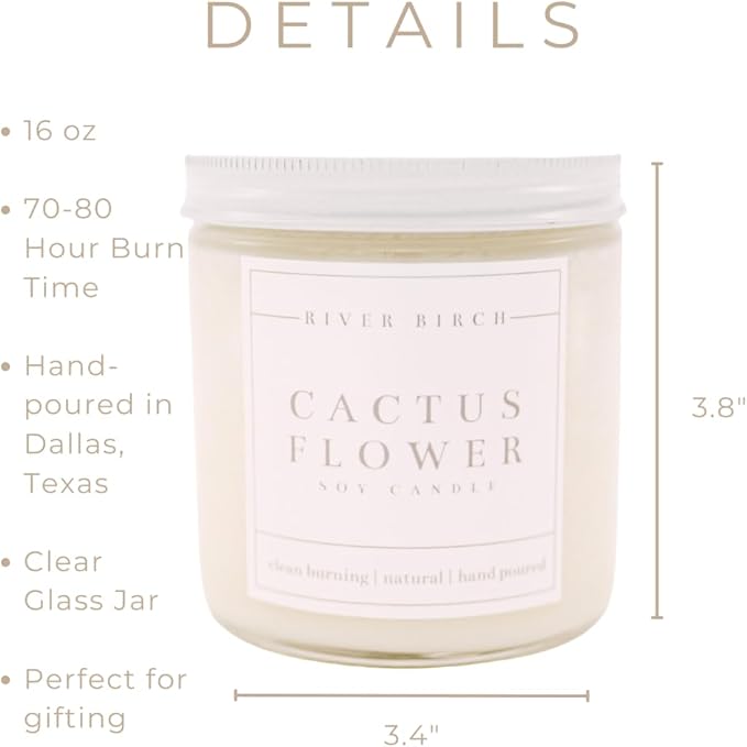 River Birch Candles Cactus Flower Scented Candle | Premium, All-Natural, Non-Toxic, Soy Candles | 16oz 90 Hr Burn Time | Cozy Relaxing Gifts for Home