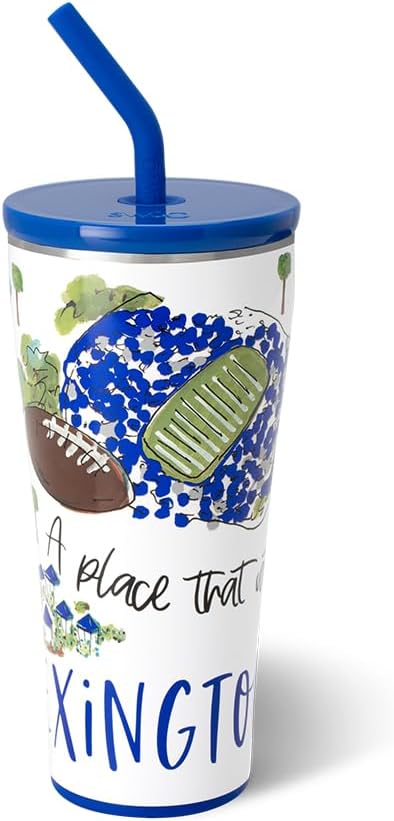 Swig Life 32oz Straw Tumbler, Travel Coffee Tumbler with Lid, Cup Holder Friendly Travel Coffee Mug, Stainless Steel, 32 oz Reusable Insulated Coffee Mug (Saturdays In Lexington)