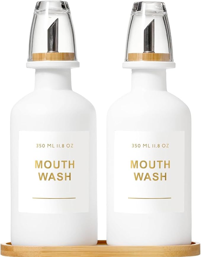 11.8OZ Mouthwash Dispenser for Bathroom with Bamboo & Stainless Steel Pour Spout, Mouthwash Cups Reusable, Bamboo Tray, and Elegant Gold Label. Set of 2（White
