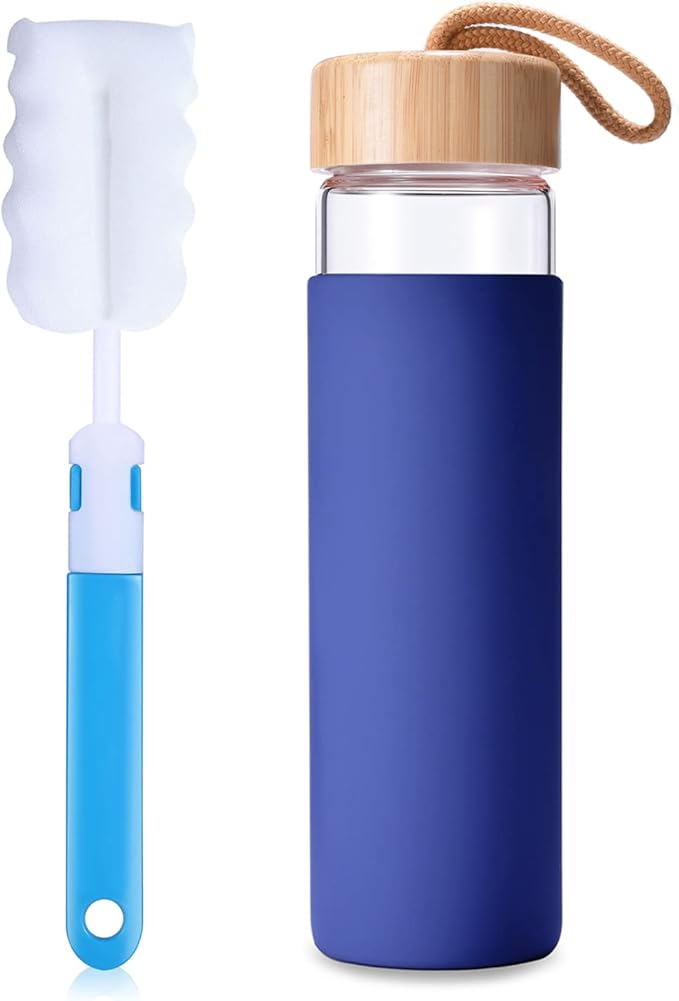 20 Oz Borosilicate Glass Water Bottles with Silicone Sleeve BPA Free, Dishwasher Safe - Reusable Clear Glass Drinking with Leak Proof Bamboo Lid | Perfect Gym Water Bottles for Men & Women