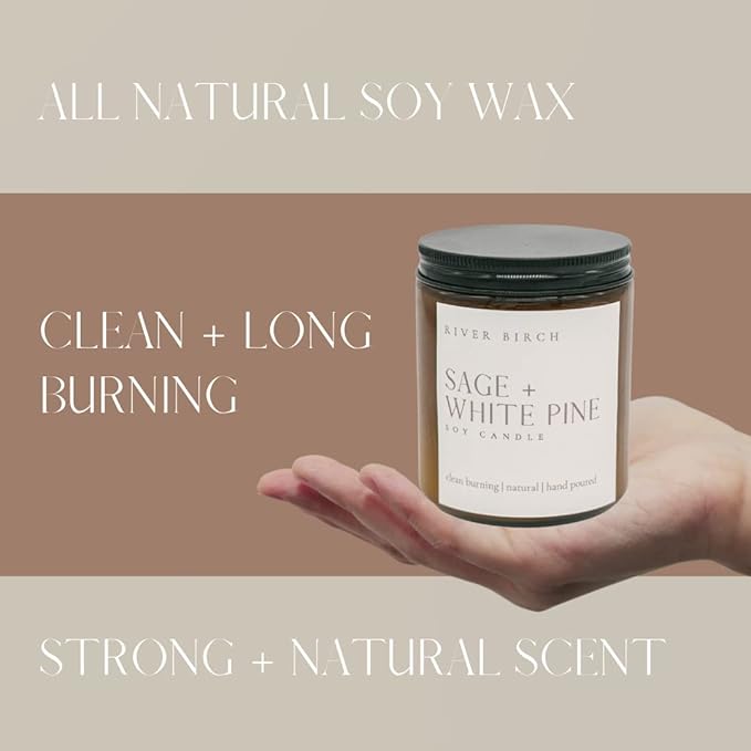 River Birch Candles Sage + White Pine Scented Candle | Premium, All-Natural, Non-Toxic, Soy Amber Jar Candles | 8.5oz 40 Hr Burn Time | Cozy Relaxing Gifts for Home