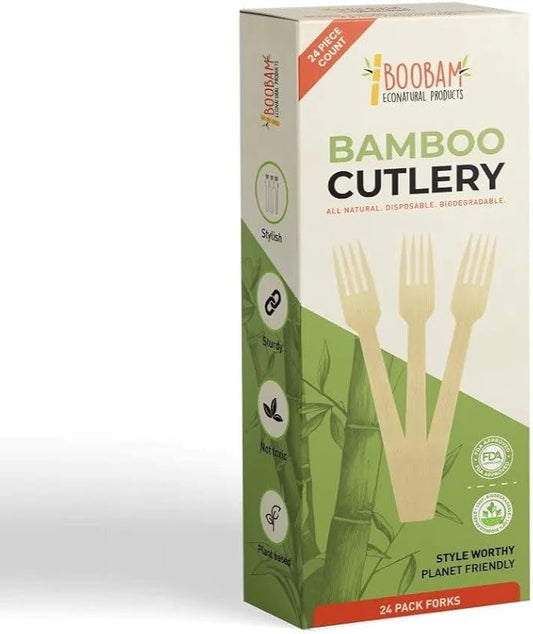 Boobam Econatural Products Bamboo Utensils - Natural Disposable Wooden Cutlery for Party, Eating, Camping, Picnic, Wedding, Birthday - Eco-Conscious Plant-Based Compostable Forks - Box of 24 Pieces
