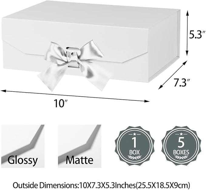 White Gift Box 10x7.3x3.5 Inches, Decorative Box with Ribbon, Empty Gift Box with Lid Magnetic Closure, Groomsman Box, Rectangle Collapsible Gift Boxes for Shirt (Glossy White)