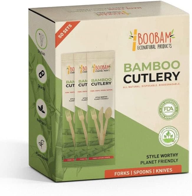 Boobam Econatural Products Bamboo Utensils - Natural Disposable Wooden Cutlery for Party, Eating, Camping, Picnic, Wedding, Compostable Silverware, Individually Wrapped Spoons, Forks, Knives - 50 Sets