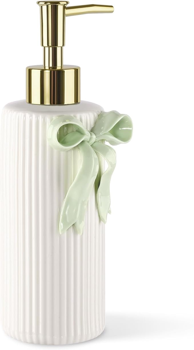 Handmade Ceramic Bow Soap Pump Dispenser Hand Lotion Liquid Dispenser Refillable for Kitchen and Bathroom Decorative (Ribbon Green)