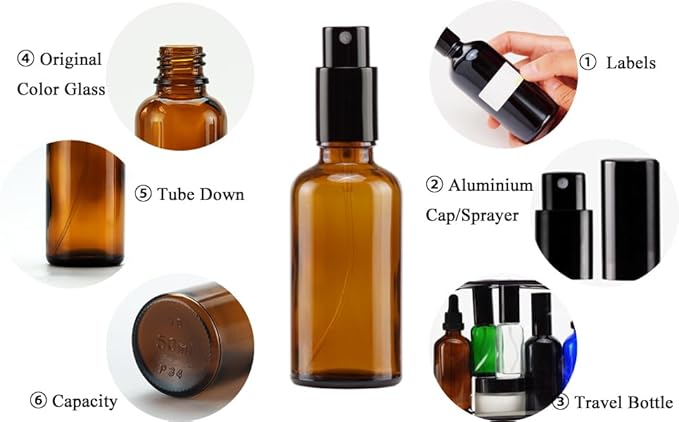 YIZHAO Amber Glass Spray Bottles 2oz, with Small Fine Mist Spray, Metal Cap, Refillable for Essential Oil,Travel,Cleaning,Perfume,Aromatherapy,Makeup – 12 Pcs