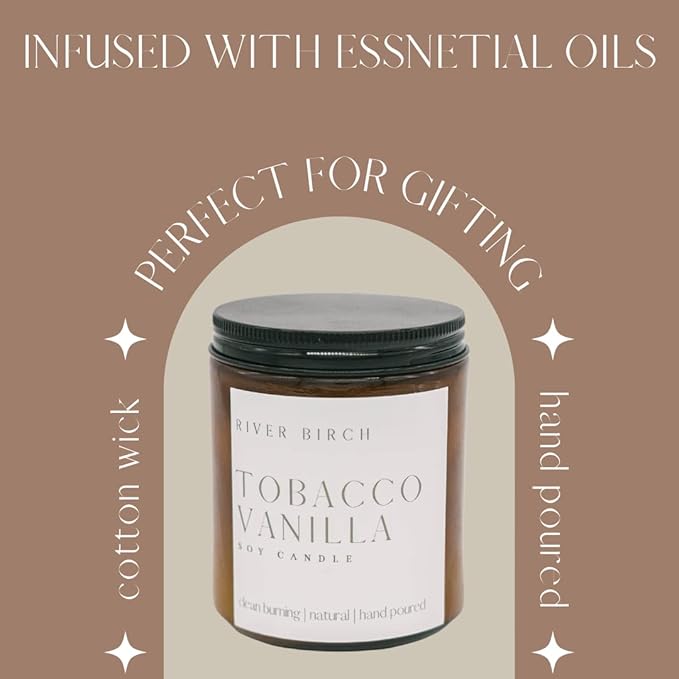 River Birch Candles Tobacco Vanilla Scented Candle | Premium, All-Natural, Non-Toxic, Soy Amber Jar Candles | 8.5oz 40 Hr Burn Time | Cozy Relaxing Gifts for Home