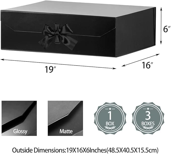 Extra Large Black Gift Box 19x16x6 Inches, Huge Gift Boxes with Ribbon, Large Gift Box with Lid Magnetic Closure, Groomsman Proposal Box for Wedding Dress (Glossy Black)
