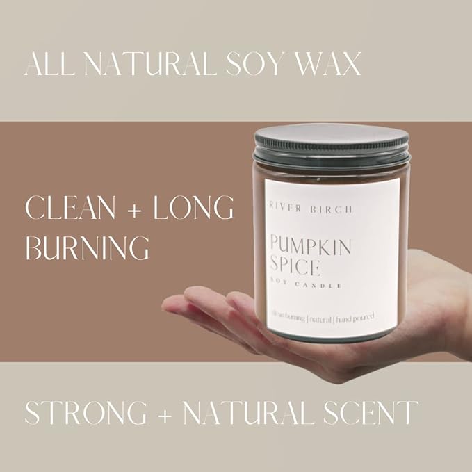 River Birch Candles Pumpkin Spice Scented Candle | Premium, All-Natural, Non-Toxic, Soy Amber Jar Candles | 8.5oz 40 Hr Burn Time | Cozy Relaxing Gifts for Home