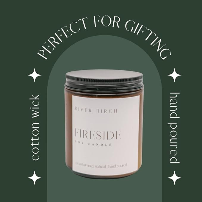 River Birch Candles Fireside Scented Candle | Premium, All-Natural, Non-Toxic, Soy Amber Jar Candles | 8.5oz 40 Hr Burn Time | Cozy Relaxing Gifts for Home