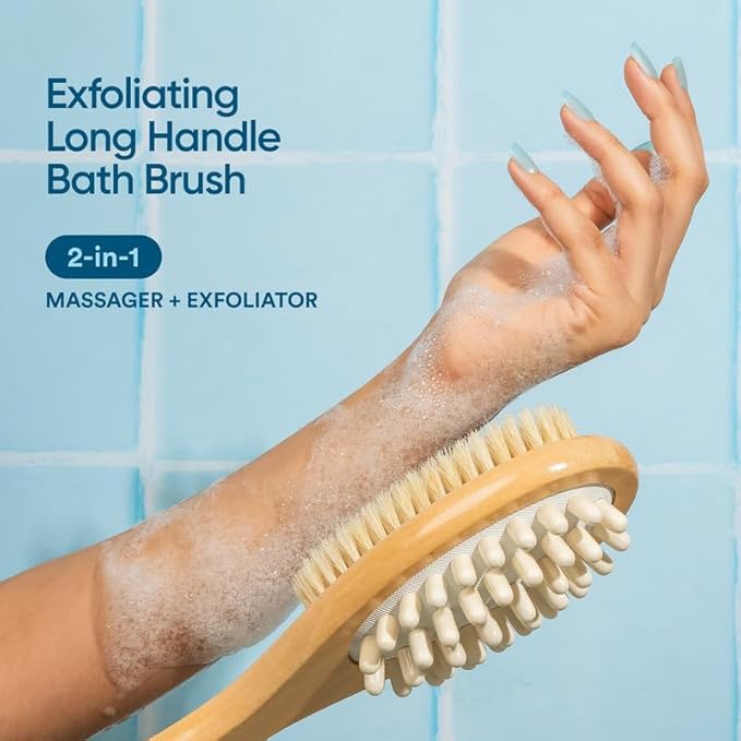 Bloom 2-in-1 Long Handle Body Brush | 1 Unit | for Skin Exfoliation and Massage | Reduces Cellulite | Stimulates Blood Circulation & Reduces Dead Skin Cells | Natural, Soft Bristles