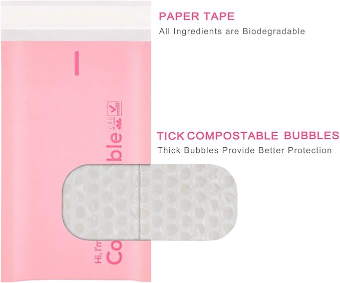 4x8 100% Biodegradable Bubble Mailers,25 Count Pink #000 Compostable Padded Packaging Wrap Envelopes Pouches Eco Friendly Self Seal Bags