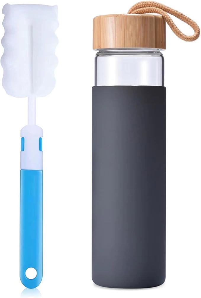 20 Oz Borosilicate Glass Water Bottles with Silicone Sleeve BPA Free, Dishwasher Safe - Reusable Clear Glass Drinking with Leak Proof Bamboo Lid | Perfect Gym Water Bottles for Men & Women