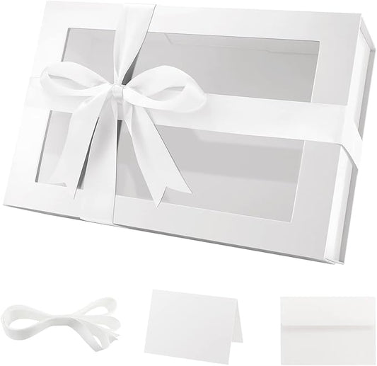 PACKQUEEN Large White Gift Box with Window, 13.5x9x4.1 Inches Clear Gift Box for Present Contains Ribbon, Card, Bridesmaid Proposal Box with Magnetic Lid (Glossy White)