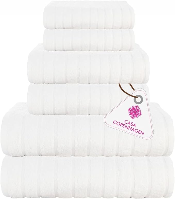 CASA COPENHAGEN Ecstatic 6 Pieces Towel Set- White, 600 GSM 2 Bath Towel 2 Hand Towel 2 Washcloth, Designed in Denmark Made of Soft Egyptian Cotton for Bathroom, Kitchen & Shower