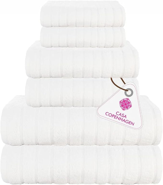 CASA COPENHAGEN Ecstatic 6 Pieces Towel Set- White, 600 GSM 2 Bath Towel 2 Hand Towel 2 Washcloth, Designed in Denmark Made of Soft Egyptian Cotton for Bathroom, Kitchen & Shower