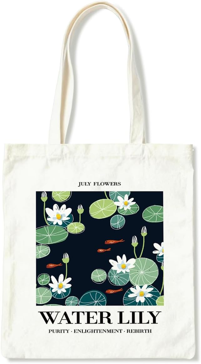 Flower Canvas Tote Bag, July Water Lily Reusable Shoulder Bags, Christmas Gifts to Sister and Friends, Holiday Gift Bags for Wrap Storage, Casual Canvas Totes for Work Traveling