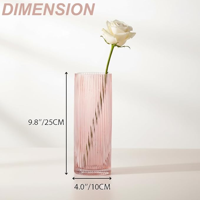 Pink Glass Vase for Flowers Ribbed Glass Vase, Pink Flower Vase, Tall Cylinder Glass Vases for Centerpieces, Living Room, Bedroom, Dining Table, Office, Wedding, Bookshelf Decoration,10 Inches