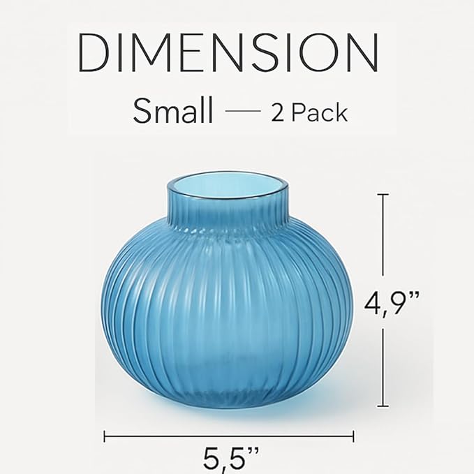 Round Glass Vases, Set of 2 Small Vases for Flowers, Blue Glass Vase for Tulips, Modern Vase for Living Room, Office, Coffee Table, Shelf, Wedding, 5 Inches