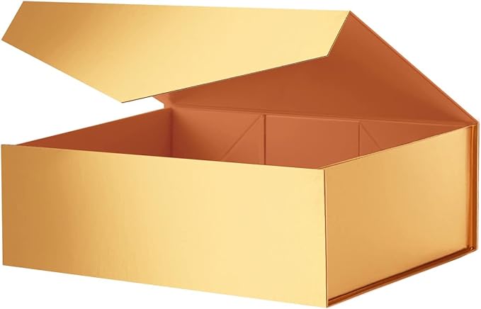 Large Gold Collapsible Gift Box with Magnetic Closure Lid 13.5x9x4.1 Inches, Bridesmaid Proposal Box for Present (Glossy Gold, 1 Pack)