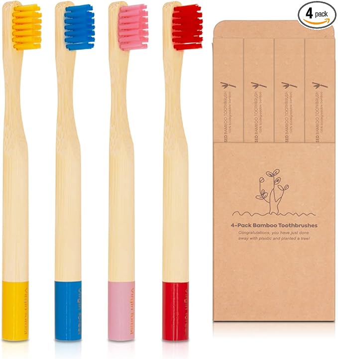 Virgin Forest Kids Bamboo Toothbrushes, Child Size Soft BPA Free Colored Safe Bristles (4 Pack)