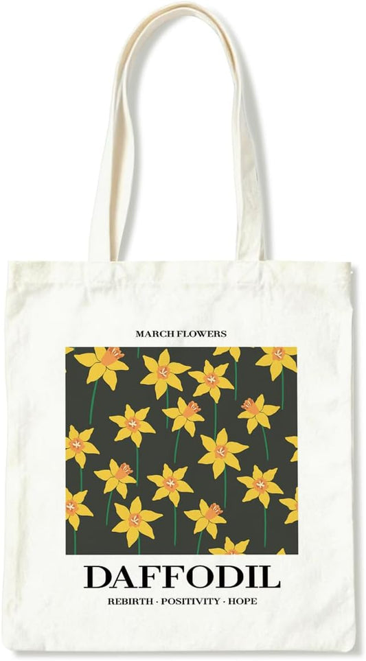 Flower Canvas Tote Bag, March Daffodil Reusable Shoulder Bags, Gifts to Sister and Friends, Holiday Gift Bags for Wrap Storage, Casual Canvas Totes for Work Traveling