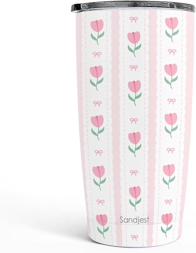SANDJEST Tulip Tumbler 20oz, Stainless Steel Travel Cup with Lid, Insulated Coffee Mug, Tulip Gifts for Women Girls Friends Sisters on Birthday Christmas