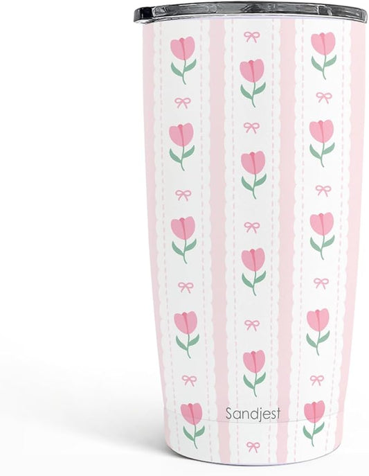 SANDJEST Tulip Tumbler 20oz, Stainless Steel Travel Cup with Lid, Insulated Coffee Mug, Tulip Gifts for Women Girls Friends Sisters on Birthday Christmas