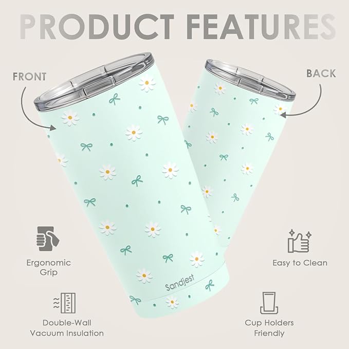 SANDJEST Daisy Tumbler 20oz, Stainless Steel Travel Cup with Lid, Floral Insulated Coffee Mug, Daisy Gifts for Women Girls Friends Sisters on Birthday Christmas