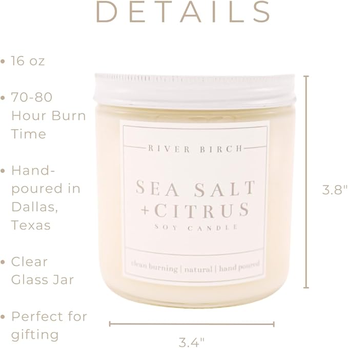 River Birch Candles Sea Salt & Citrus Scented Candle | Premium, All-Natural, Non-Toxic, Soy Candles | 16oz 90 Hr Burn Time | Cozy Relaxing Gifts for Home