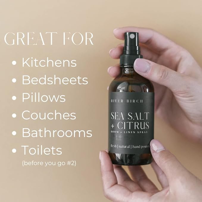 River Birch Sea Salt + Citrus Scented Linen and Room Spray | Home Fragrance | 4 oz Glass Amber Bottle | Luxury Signature Scent | Handmade in Texas