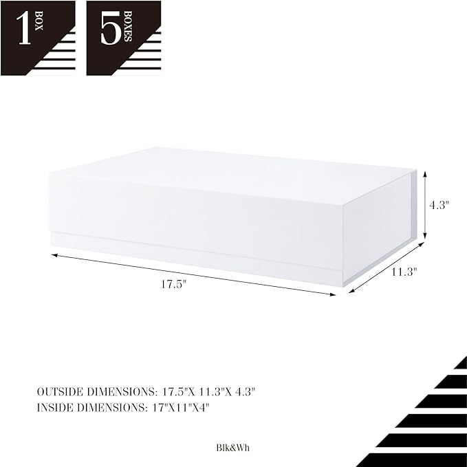 BLK&WH 5 Extra Large Gift Boxes 17x11x4 Inches, White Gift Boxes with Magnetic Closure Lid, Sturdy Shirt Boxes, Rectangle Collapsible Boxes for Clothes (Matte White)