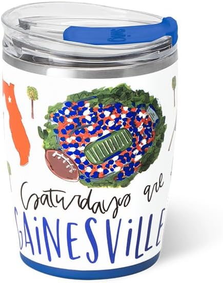 Swig Life 12oz Insulated Tumbler, Travel Coffee Tumbler with Lid, Cup Holder Friendly Travel Coffee Mug, Stainless Steel Thermos, 12 oz Reusable Insulated Coffee Mug (Saturdays in Gainesville)