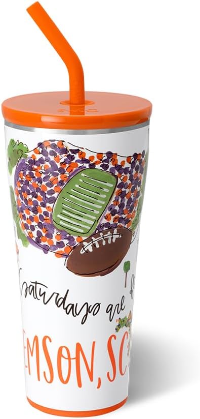 Swig Life 32oz Straw Tumbler, Travel Coffee Tumbler with Lid, Cup Holder Friendly Travel Coffee Mug, Stainless Steel, 32 oz Reusable Insulated Coffee Mug (Saturdays In Clemson)