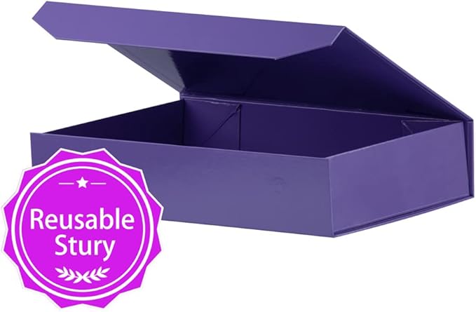 Small Purple Gift Boxes with Lids - 12 x 8 x 2.7 Inches - Glossy Surface - Includes Ribbon, Magnetic Closure - Bulk Cute Boxes for Packaging Presents and Shirts