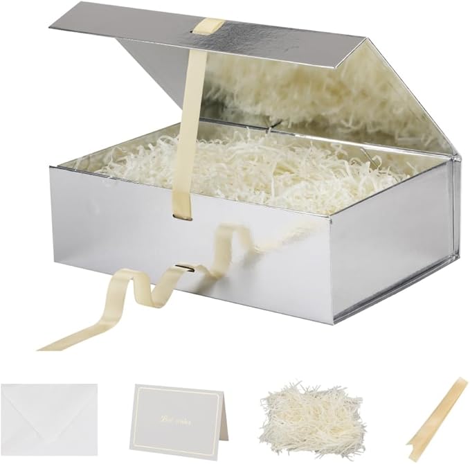 BoxSkivra Large Silver Gift Box With Ribbon - 13x9x4 Inch With Lid, Magnetic Closure, Collapsible, Luxury for Wedding Gifts - Includes Shredded Paper Filler & Card