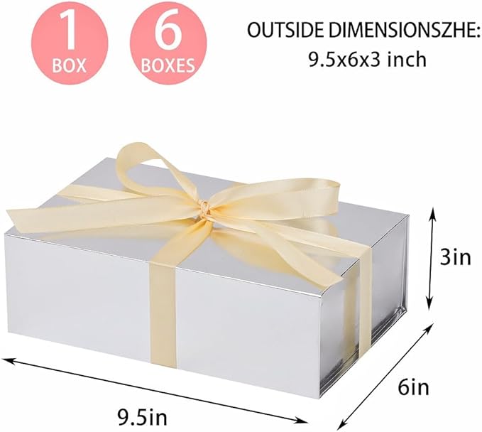 UoeRing 6 Pack Silver Gift Box 9.5x6x3 inch Small Luxury Gift Box for Presents with Magnetic Lid Collapsible,Bridesmaid Proposal,Contains Card, Ribbon, Tissue Paper,Shredded Paper Fille