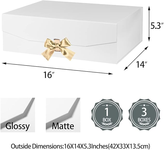 Extra Large White Gift Box 16x14x5.3 Inches, Gift Box with Ribbon with Lid Magnetic Closure, Groomsman Proposal Box, Rectangle Collapsible Gift Boxes for Large Gifts (Matte White)