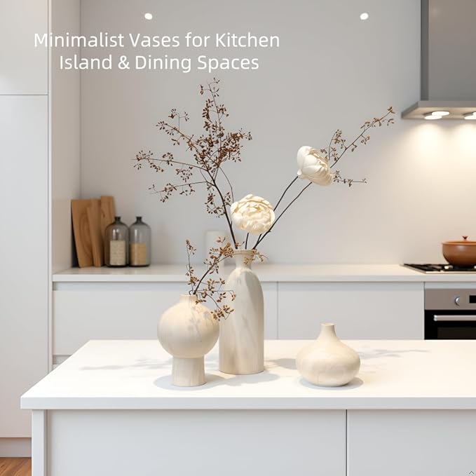 White Ceramic Vase Set of 3 with Stone Texture, Modern Minimalist Pottery Vases for Dried Flowers, Pampas Grass, Rustic Farmhouse & Aesthetic Home Decor for Living Room, Bedroom, Kitchen