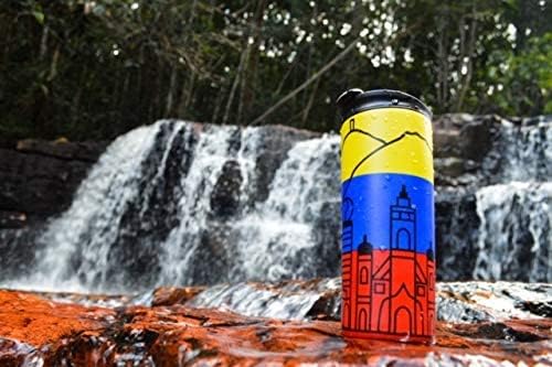 Venezuela Vacuum Insulated Stainless Steel Thermal Travel Mug, 16 oz, Easy Clean, Flip leak Proof Lid Venezuelan Flag with Icons from Caracas