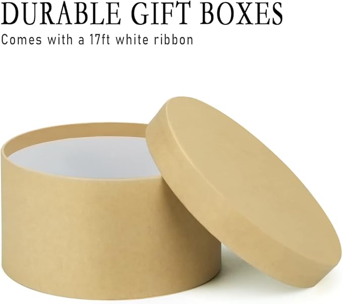 Bengnkes Round Gift Box Kraft Gift Boxes with Lids for Presents 4 Packs Luxury Nesting Gift Boxes Small with 17ft Ribbon for Bridesmaid Valentines Mother's day Graduation