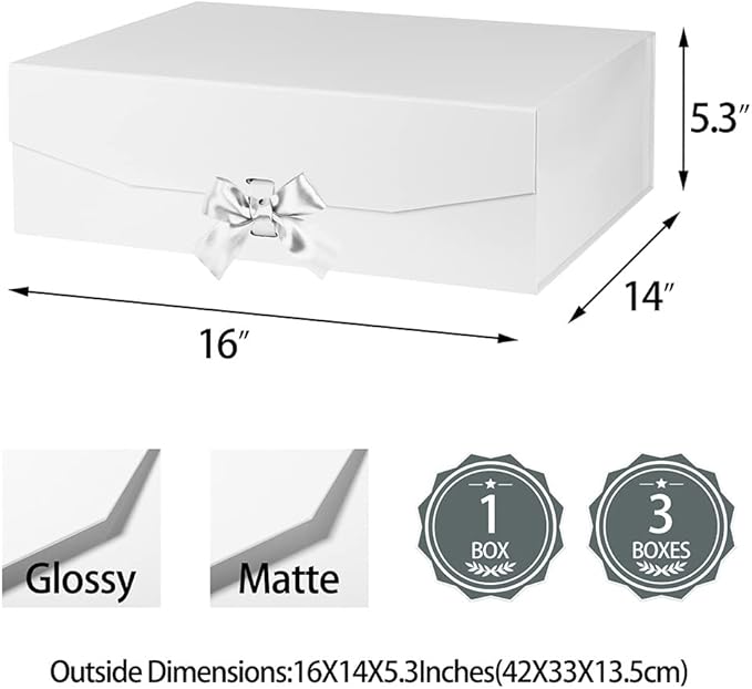 Extra Large White Gift Box 16x14x5.3 Inches, Gift Box with Ribbon Lid Magnetic Closure, Groomsman Proposal Box, Rectangle Collapsible Gift Boxes for Large Gifts (Glossy White)