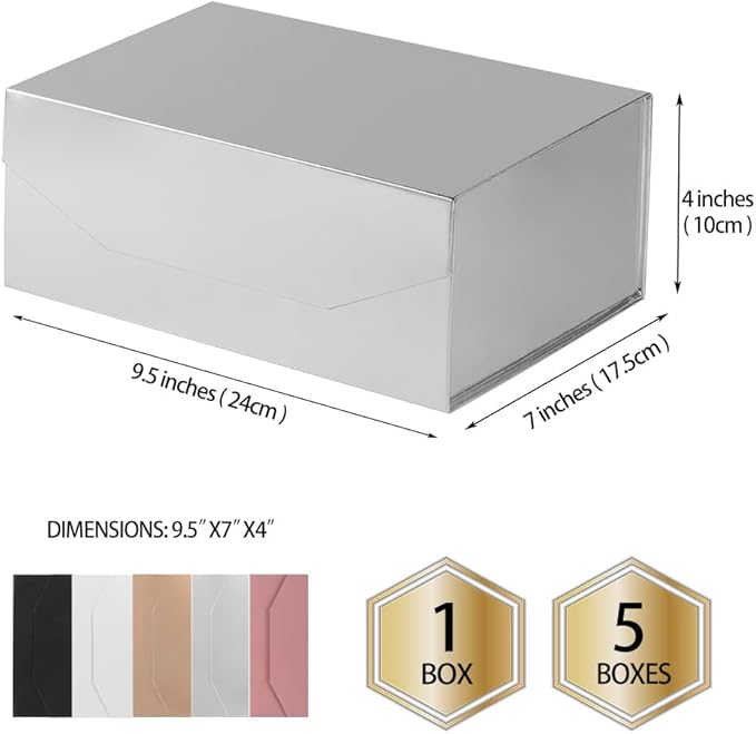 1PCS Silver Gift Box 9.5x7x4 Inches, Sturdy Gift Box with Lid for Gift Packaging, Foldable Magnetic Closure Storage Boxes, Bridesmaid proposal box, Rectangle Collapsible Box