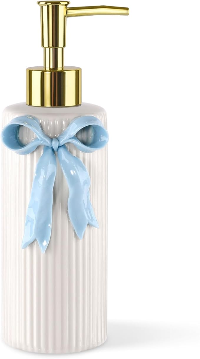 Handmade Ceramic Bow Soap Pump Dispenser Hand Lotion Liquid Dispenser Refillable for Kitchen and Bathroom Decorative (Ribbon Blue)